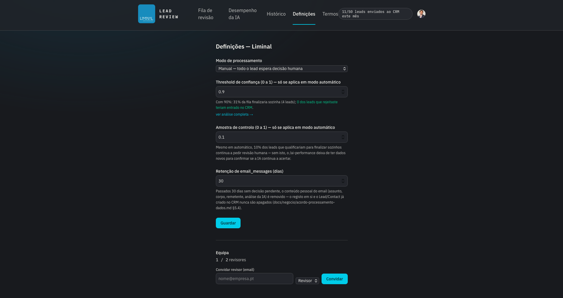 Definições de automação, confiança e retenção da Liminal AI Email Signal
