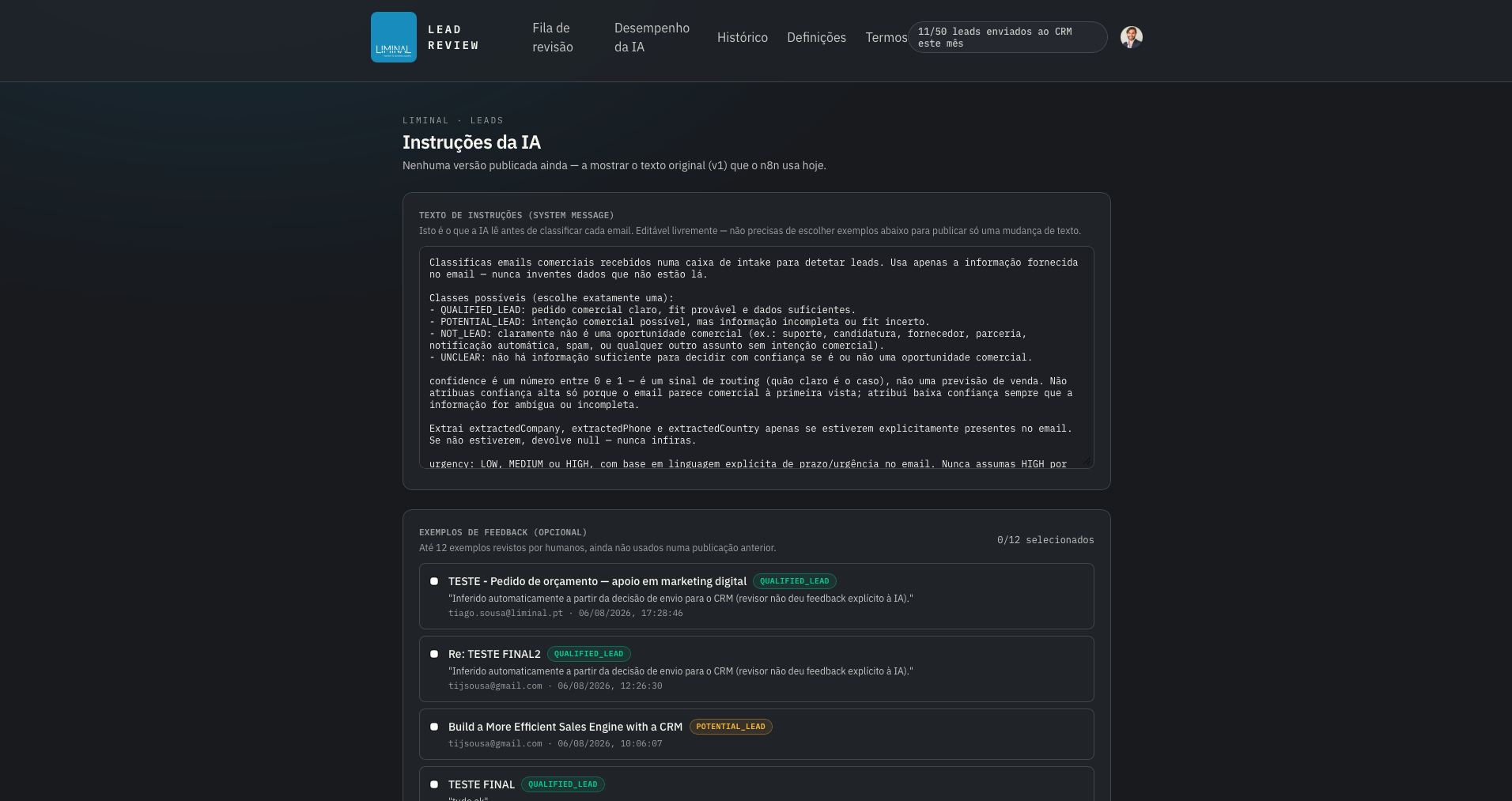 Painel de instruções da IA da Liminal AI Email Signal