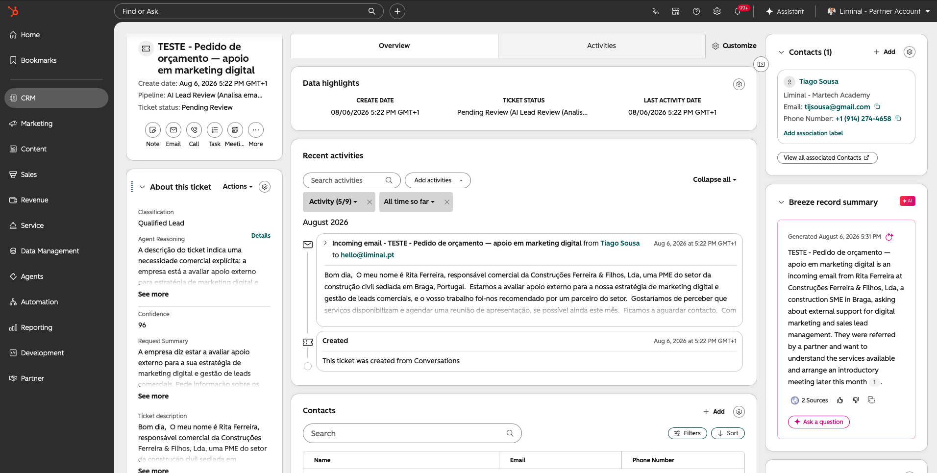 Exemplo de como o registo fica no HubSpot