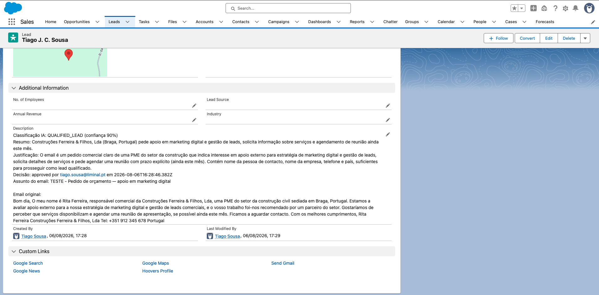 Exemplo de como o registo fica no Salesforce