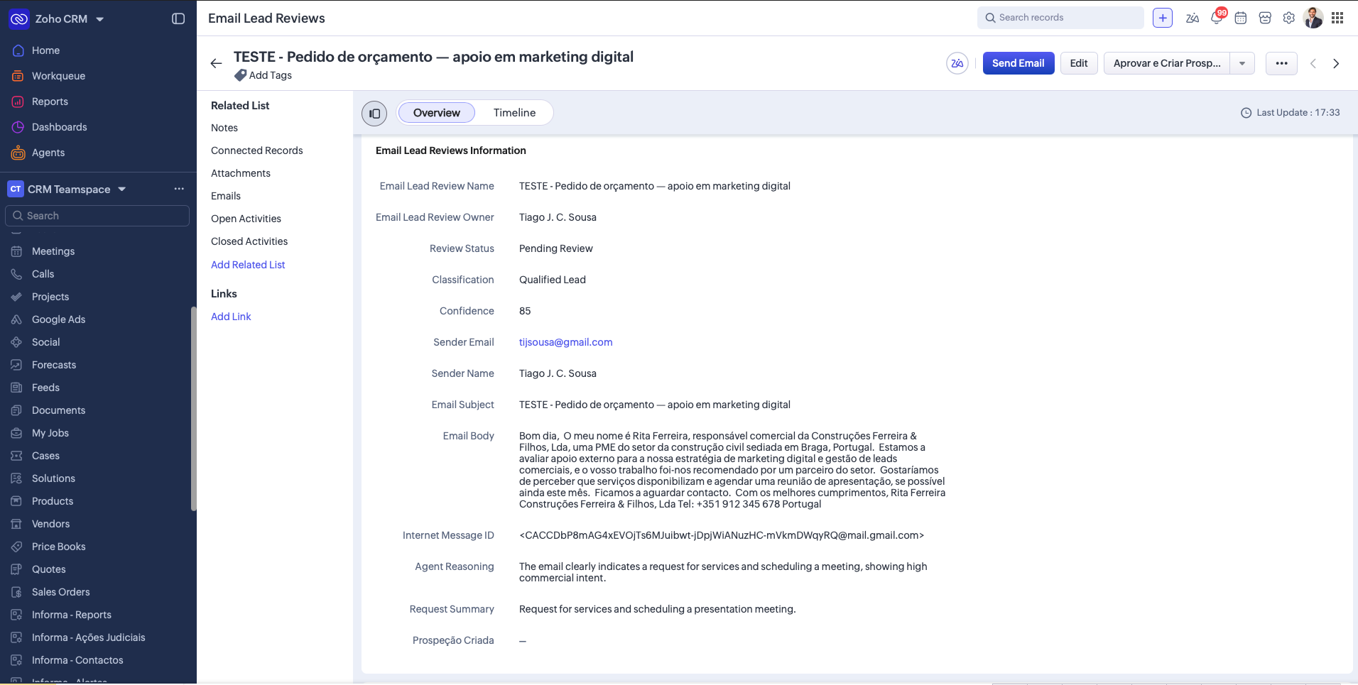 Exemplo de como o registo fica no Zoho CRM